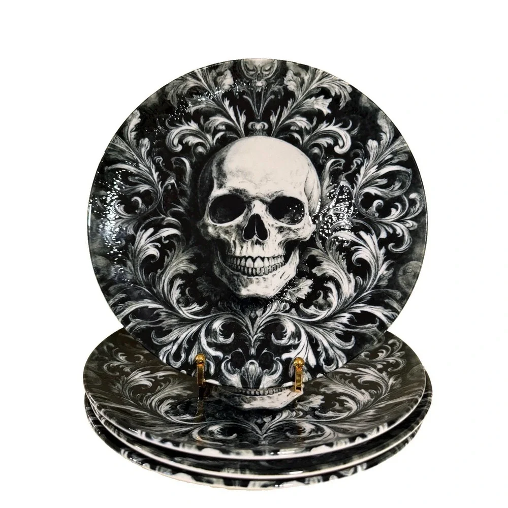 4pc ZRIKE Halloween Black Gothic Skull & Vines Dinner Plates 10.5